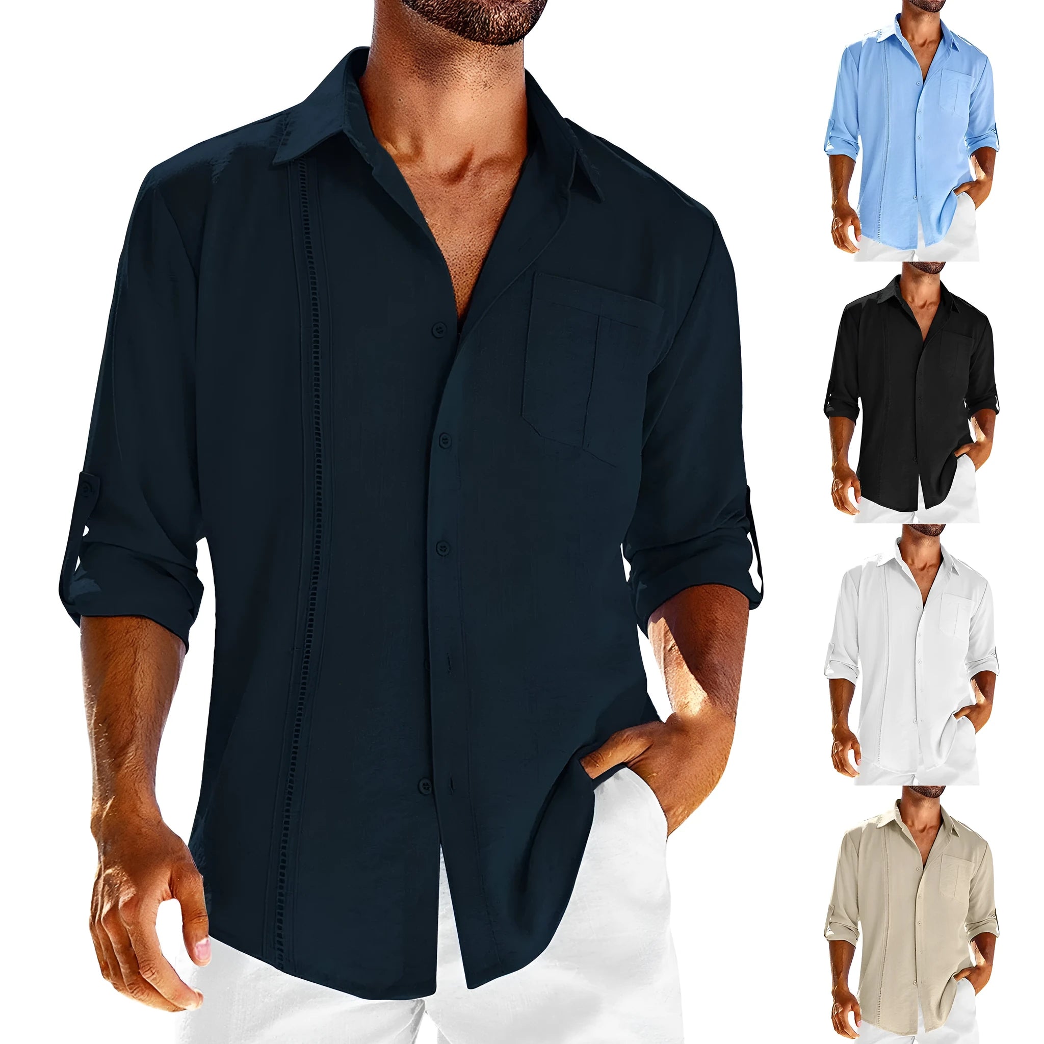 Men's grey casual long sleeve button-up shirt with a polo collar and lace detail on the chest pocket.