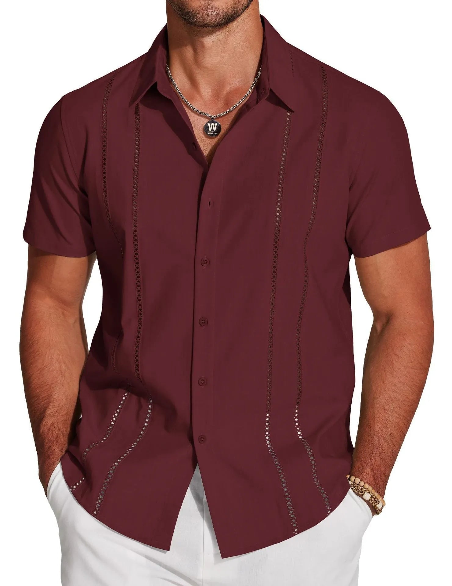 Men's slim fit Hawaiian short sleeve shirt with digital printed pattern and elastic polyester fabric