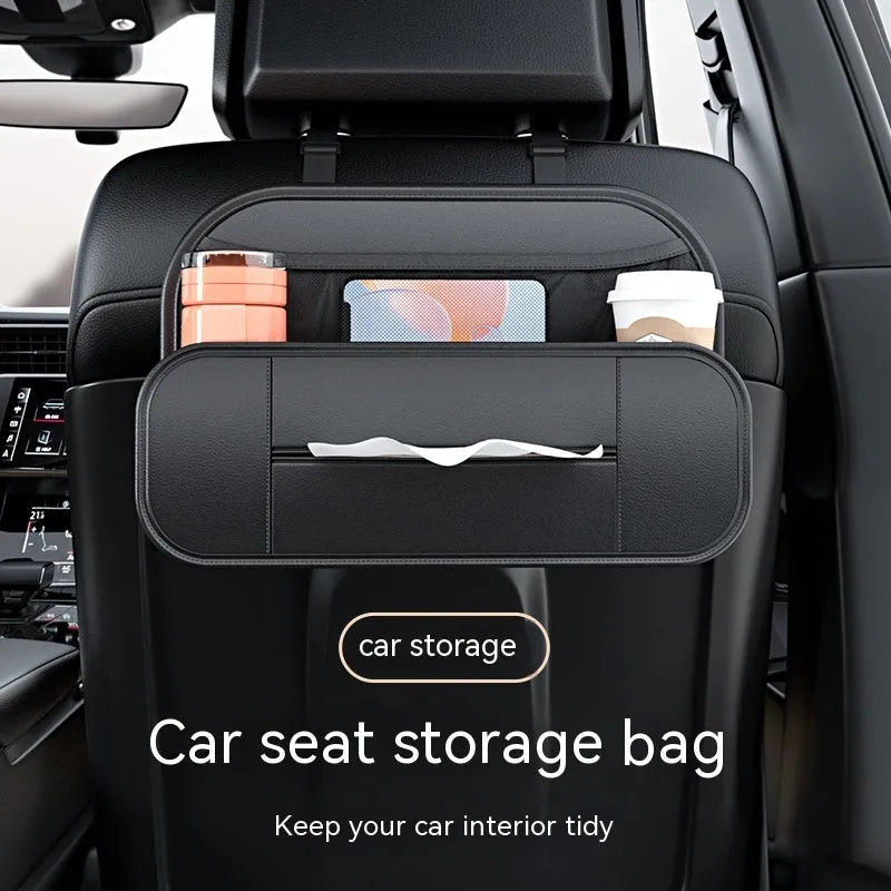 Black leather car seat rear storage bag measuring 36cm wide with customisable compartments