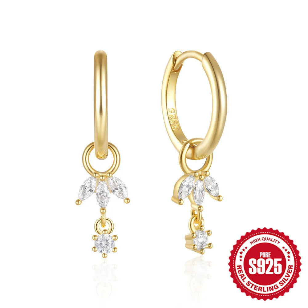 Golden-coloured S925 sterling silver sunflower geometric earrings with three zircon stones