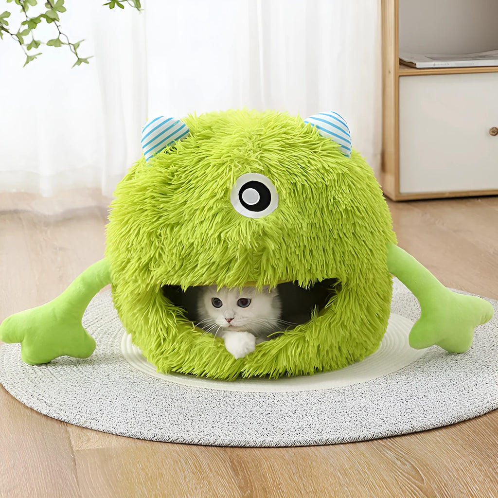 Fluffy round grey cat bed with a non-slip base shown in small, medium, and large sizes.