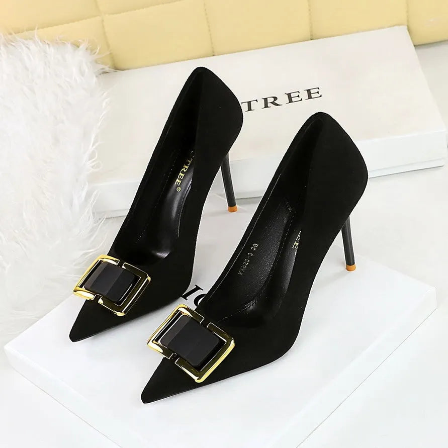 Black suede women's stiletto court shoes with a 9cm high heel and pointed toe