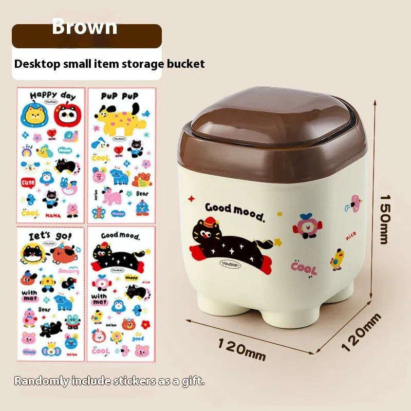 Red and brown cartoon-style plastic desktop storage organiser with grid pattern for stationery and sundries.