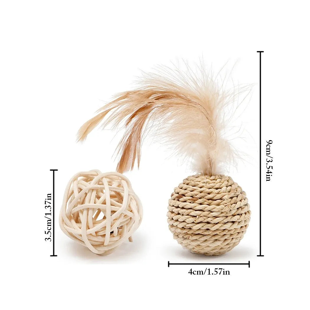 Primary colour rattan ball and faux feather ball cat toys for interactive pet play