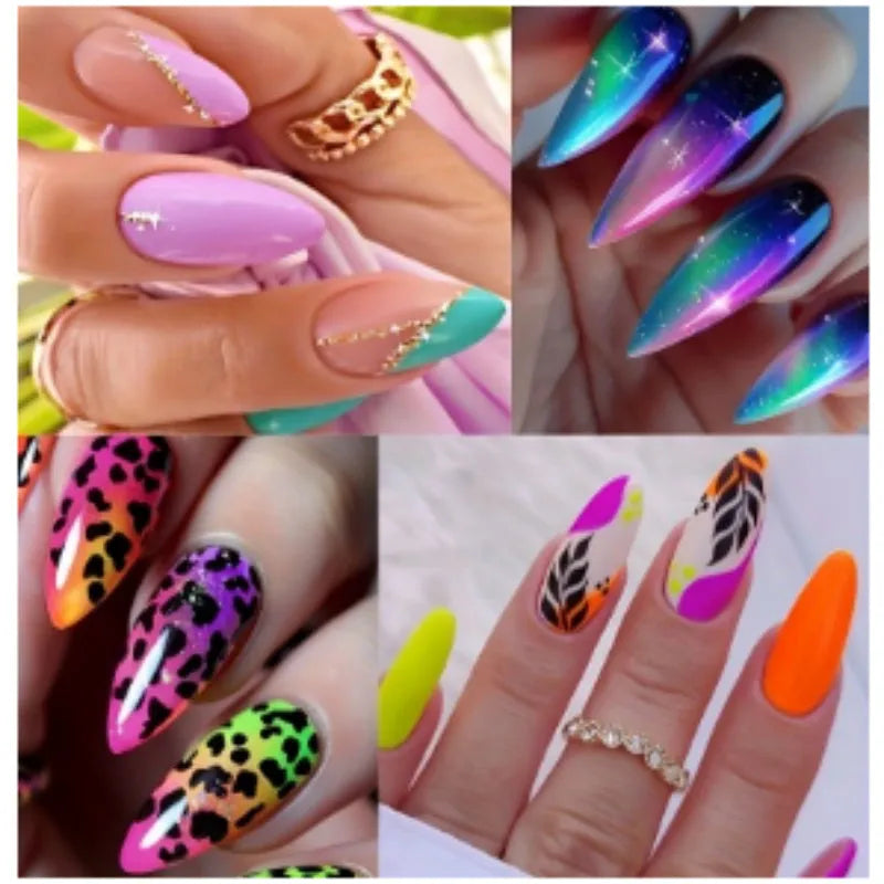 Wear Armour Medium Almond Frosted Nail Stickers set showing four patterns: French leaf, colourful plating, macaron, and leopard print.