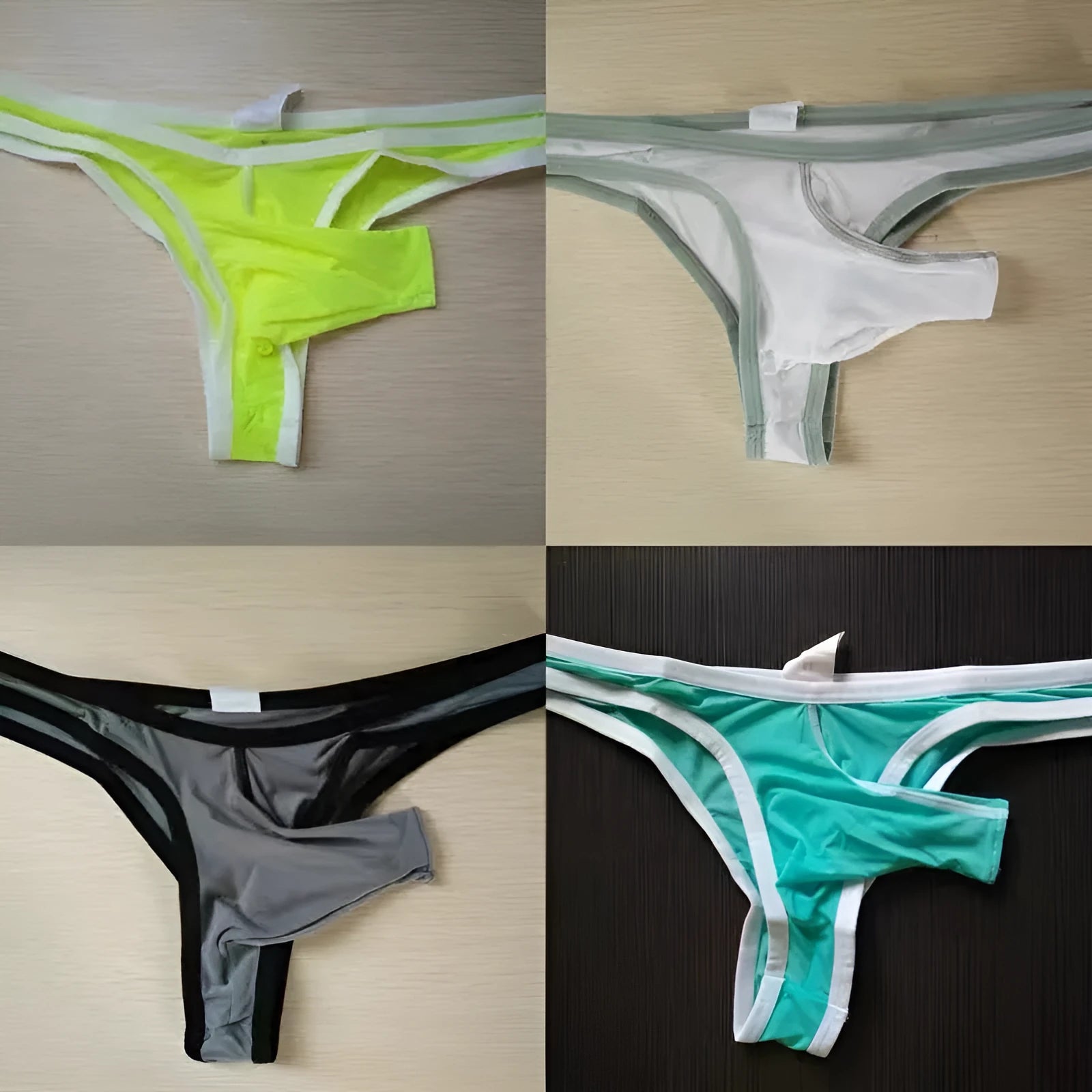 Men's Ice Silk nylon briefs in elephant nose small pouch design, shown in multiple colours.