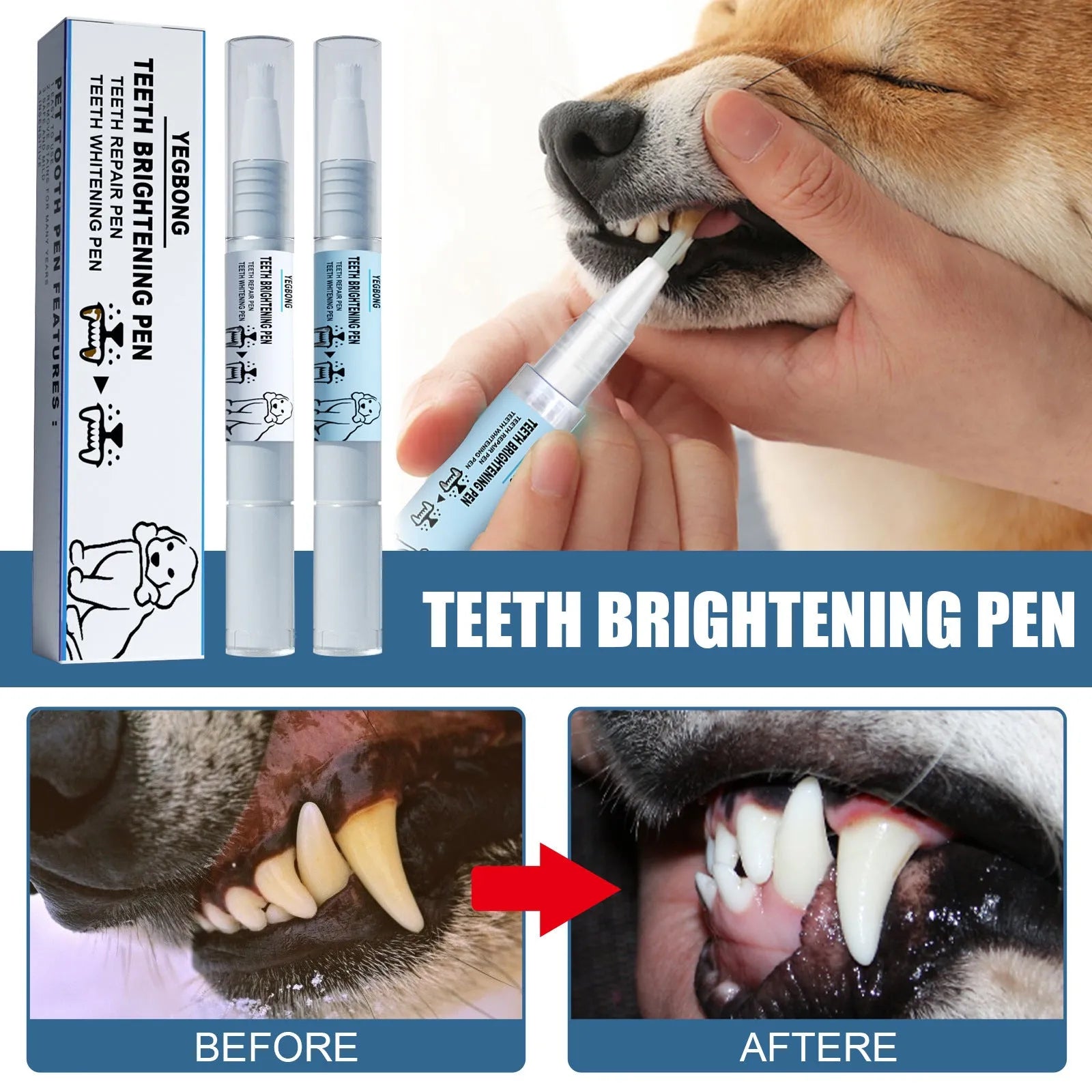 Two white pet tooth whitening pens with brush applicators for dog and cat dental care.