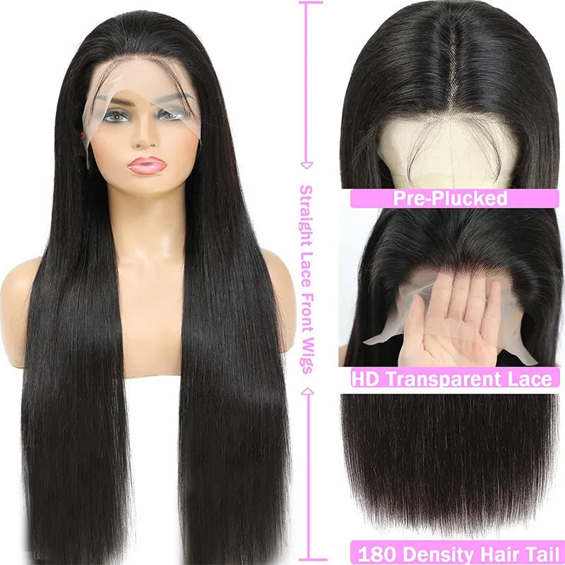 Straight black human hair wig with 13x6 lace front showing natural hairline