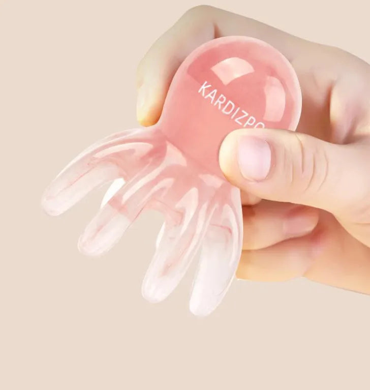 Pink octopus-shaped massage comb made from natural resin with storage bag