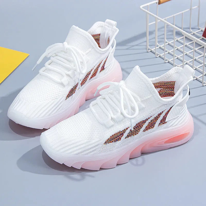 Women's white cowhide high-top sports casual sneakers with a flat heel and round toe on a plain background.