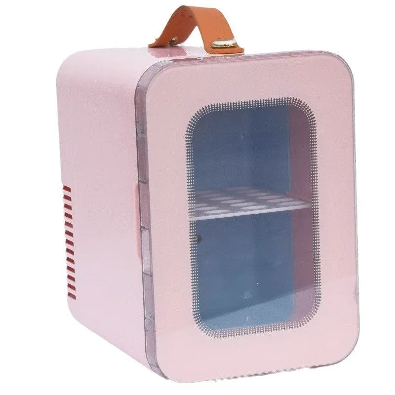 Pink mini refrigerator with transparent door showing dual-power 6L capacity for car and home use