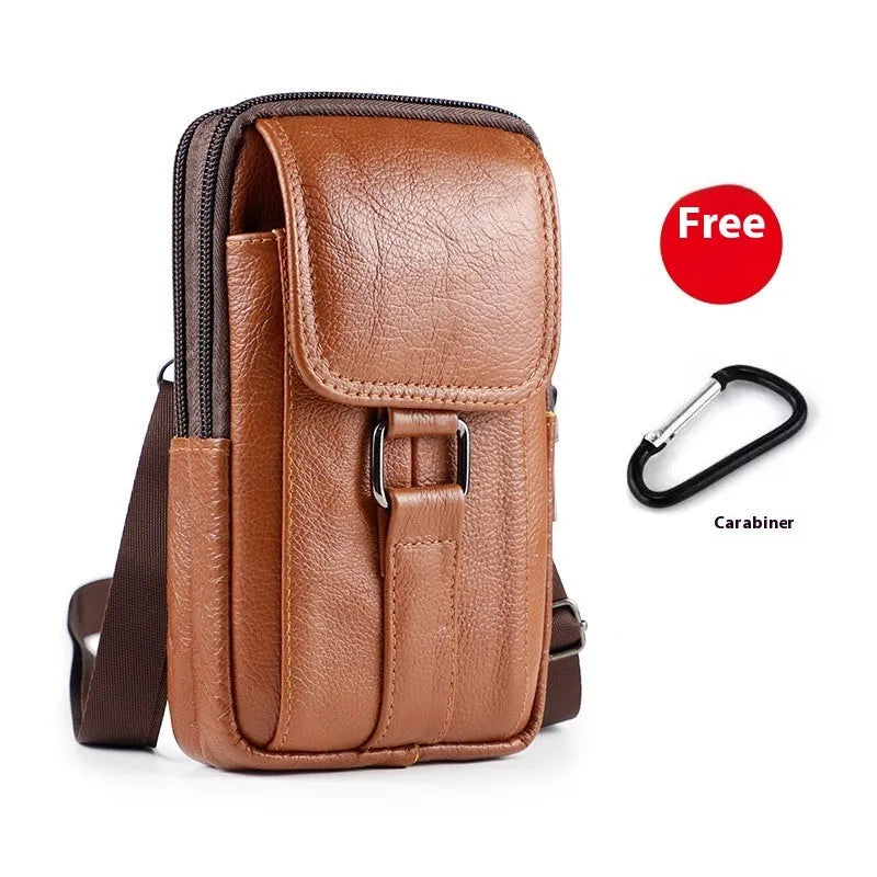 Men's genuine leather crossbody waist bag with lock detail and vertical square design in dark brown