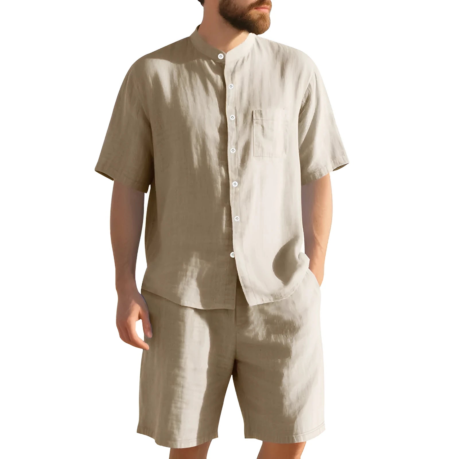 Men's light blue linen-blend summer suit with short sleeve shirt jacket and matching shorts on a hanger.