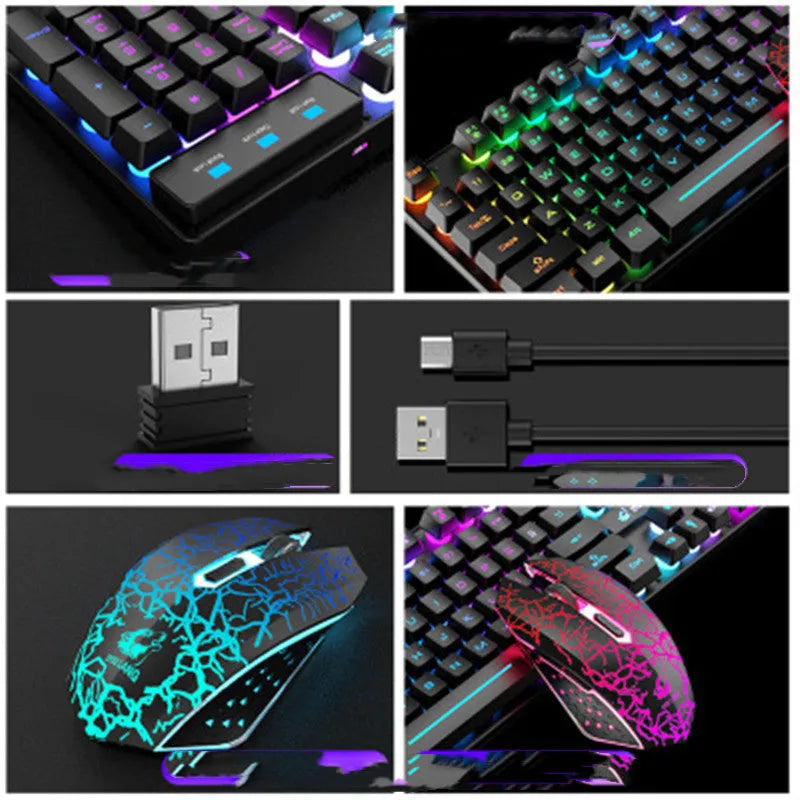 T3 wireless keyboard and mouse set with LED backlighting in black, white, or orange colour options on a desk.