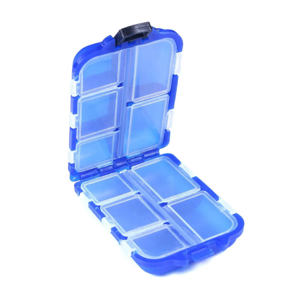 Plastic fishing tackle storage box with 10 compartments in black, blue, or green.