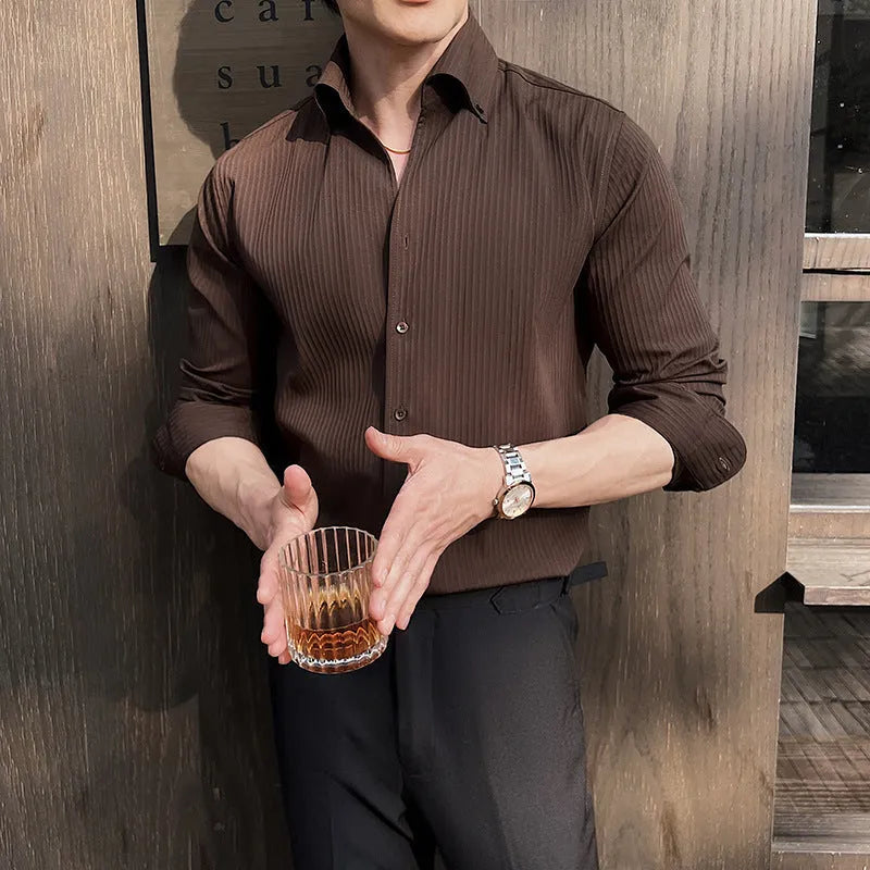 Men's striped V-neck long sleeve casual shirt in a cardigan style, shown in multiple colours.