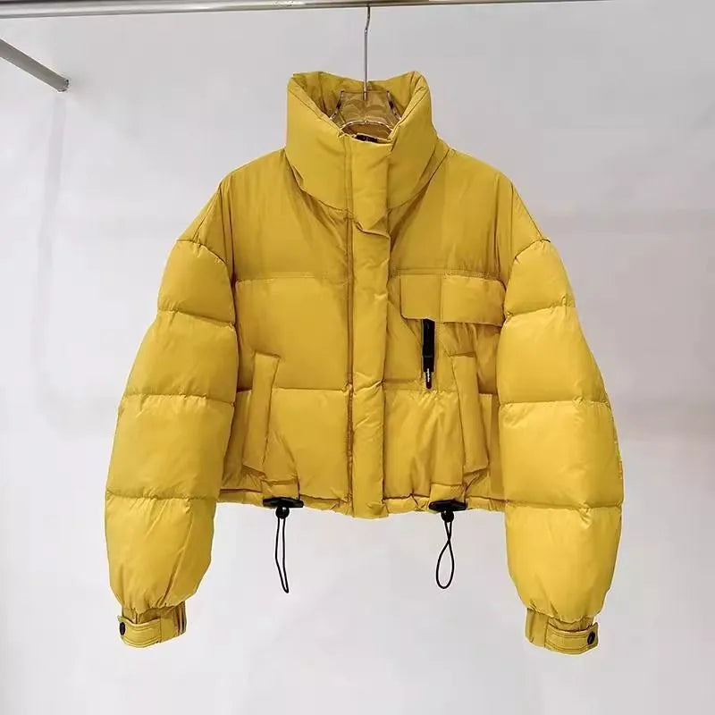 Korean-style stand collar short puffer jacket in yellow with princess sleeves and chenille fabric