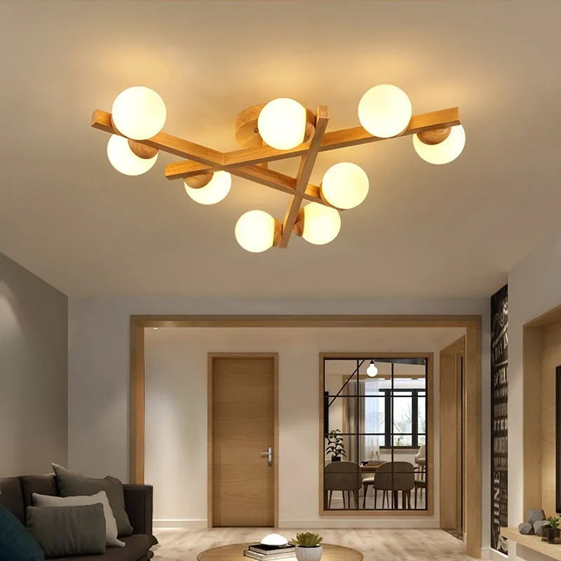 Wooden style modern ceiling lamp with three light heads in Nordic design for living rooms