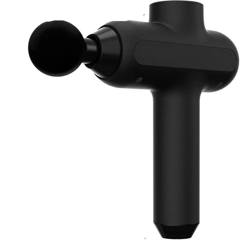 Deep tissue massage gun with six interchangeable heads showing compact 25x20x6cm design