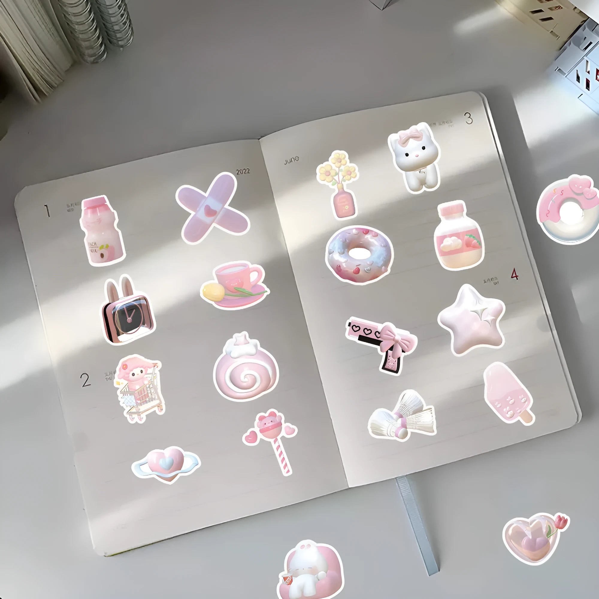 Pack of 63 pink heart-shaped 3D decorative stickers for crafts and laptop decoration.