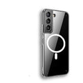 Clear transparent MagSafe magnetic phone case for Samsung Galaxy S21, S22, S23 models on a table