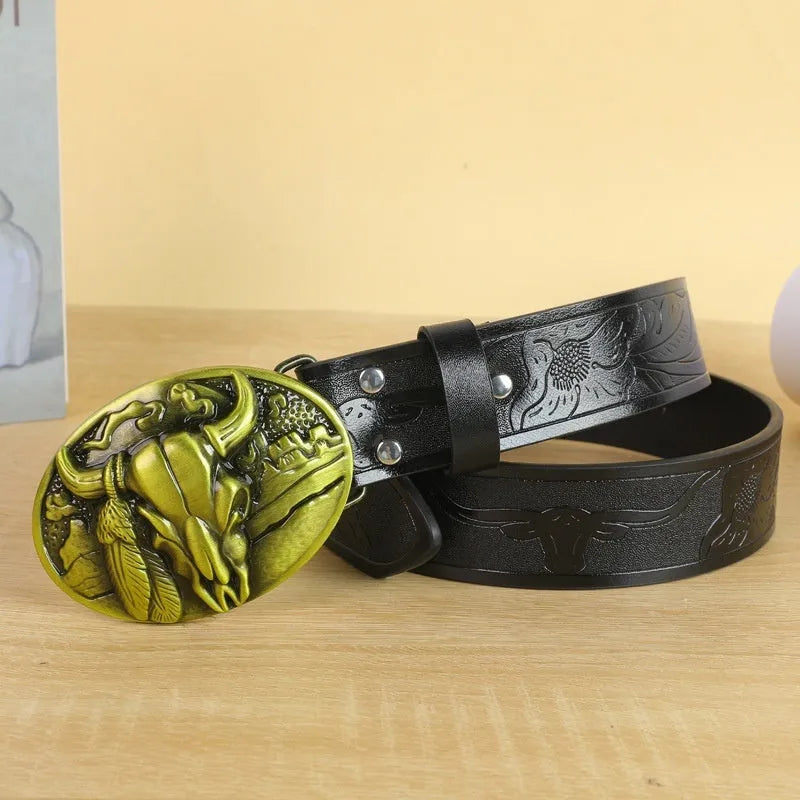 Men's black imitation leather belt with decorative alloy cow head buckle and pin buckle fastening