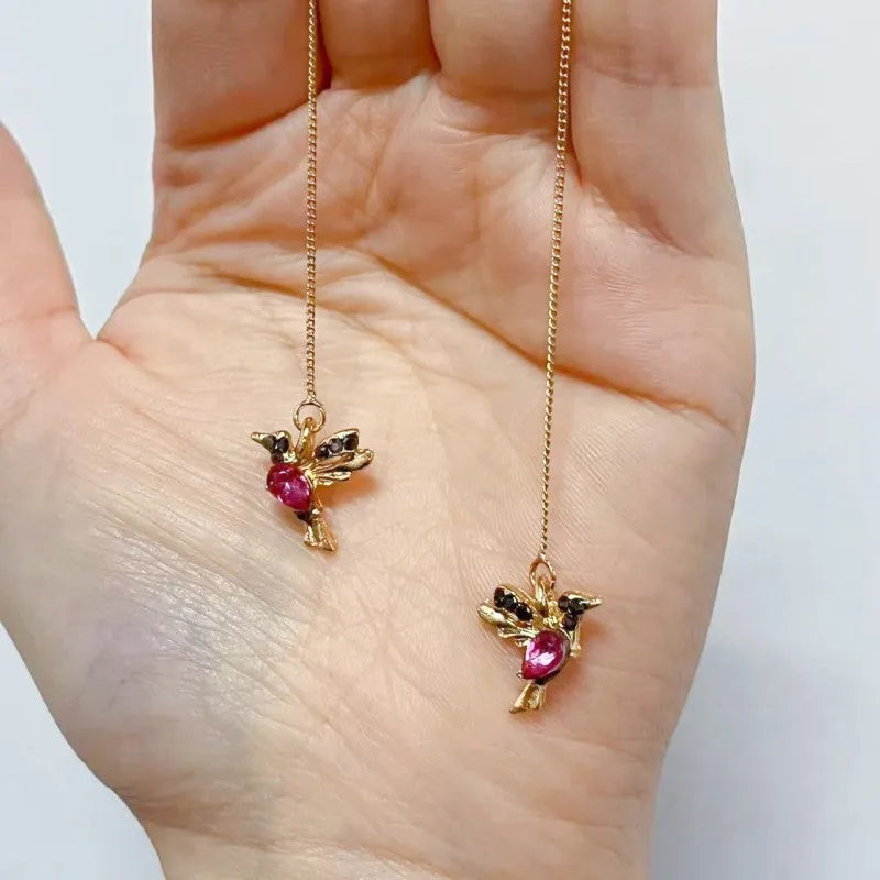 Personalised long bird hanging earrings with mixed zirconium wings in red, blue, and red lvzuan colour options