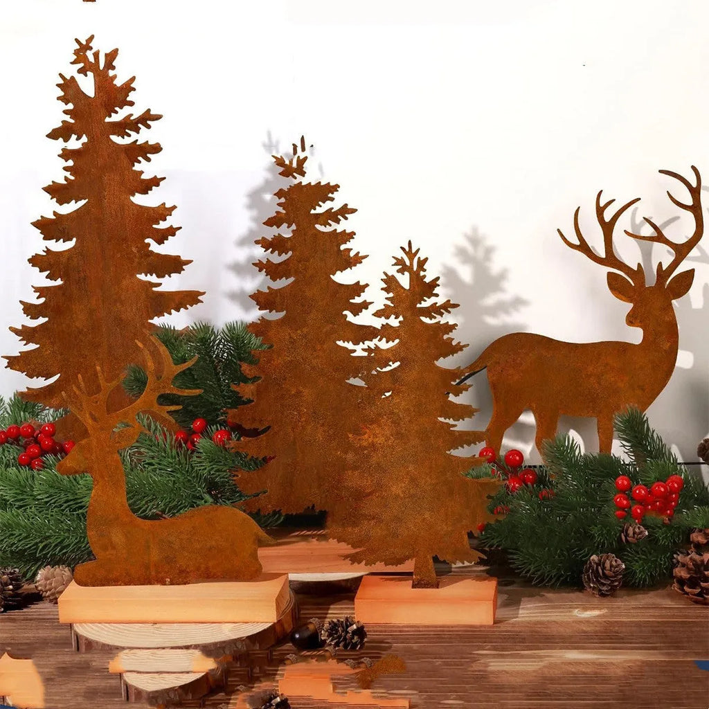 Three rustic metal Christmas tree ornaments with elk motifs in aged metallic finish