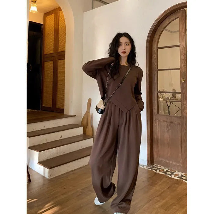 Women's khaki casual sport suit with loose fit long sleeve top and full-length trousers