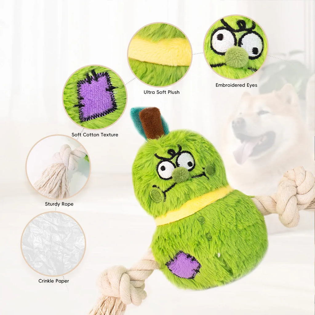 Green and purple interactive plush dog toy with rope knots for tug of war.