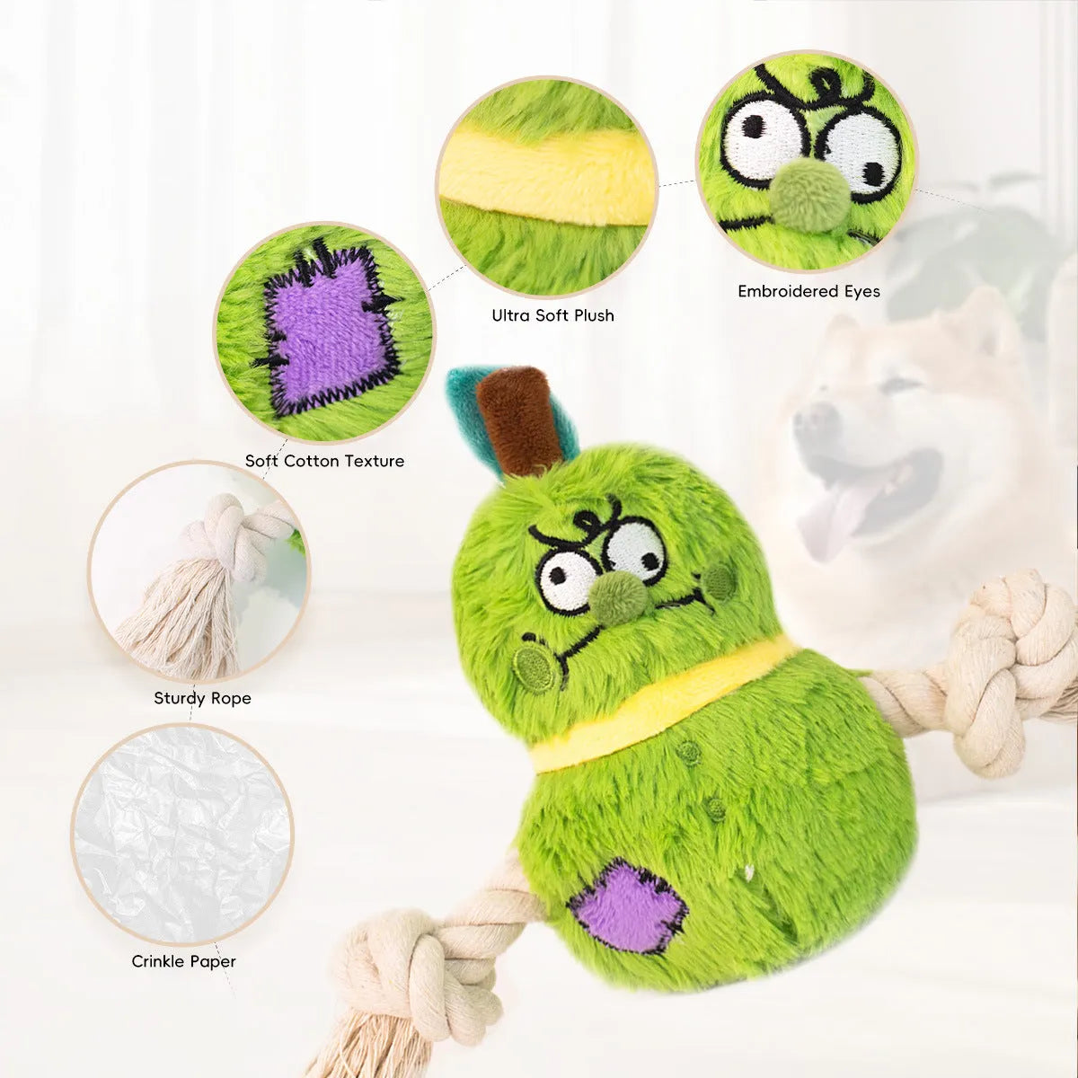 Green and purple interactive plush dog toy with rope knots for tug of war.