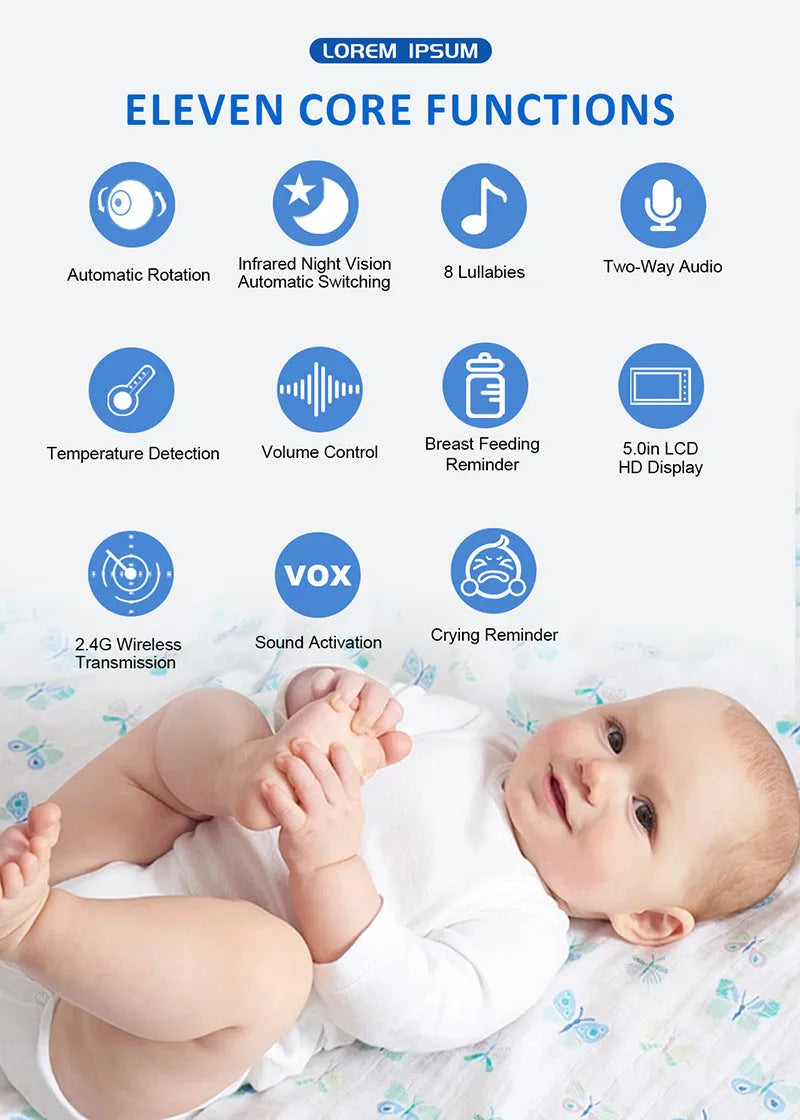 White HD wireless baby monitor with 5-inch screen on a nursery shelf.