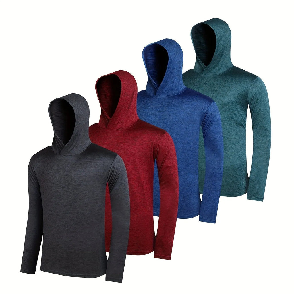 Four-pack of men's lightweight polyester hooded sweatshirts in various colours on hangers.