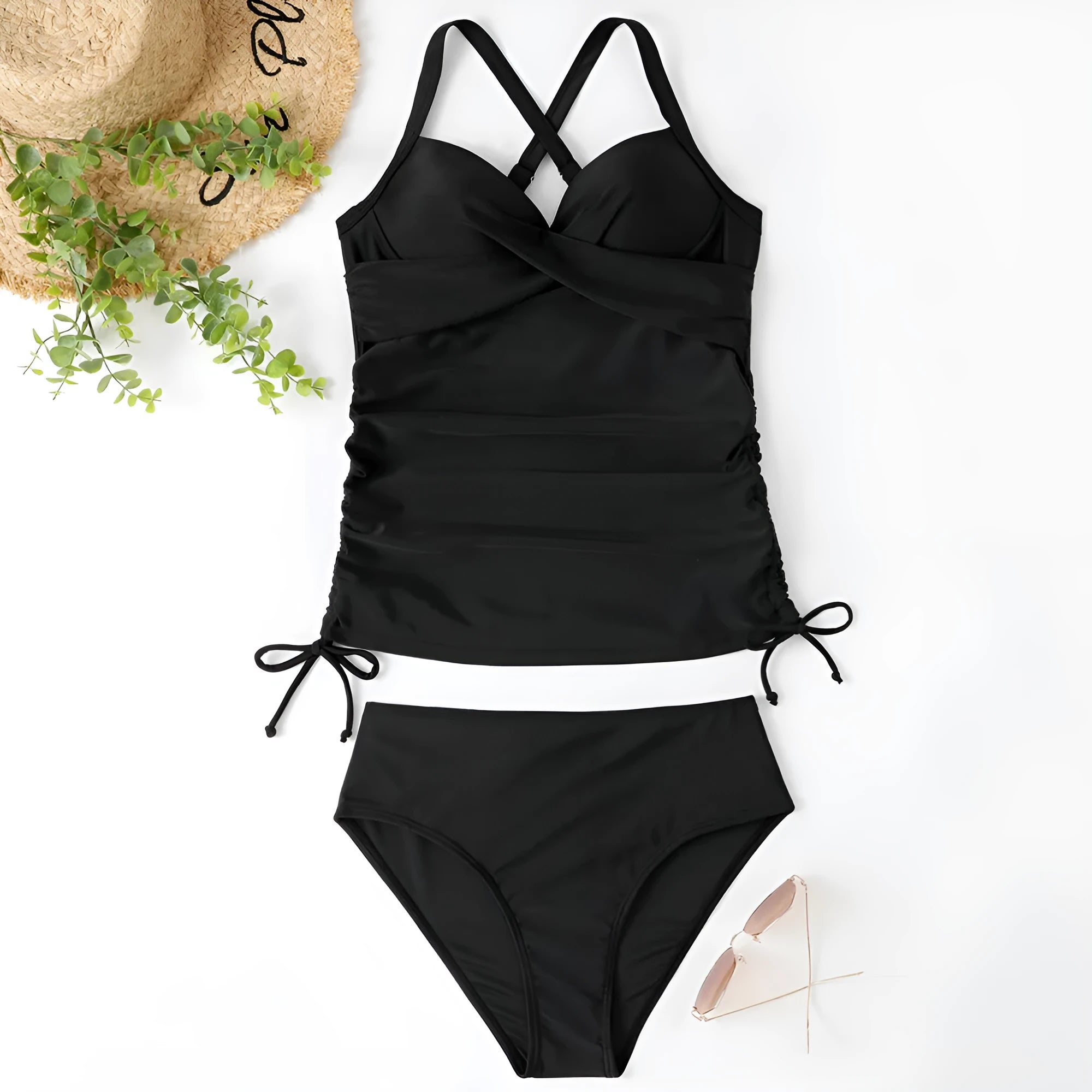 Women's high-waisted nylon swimsuit bikini set in black on a mannequin
