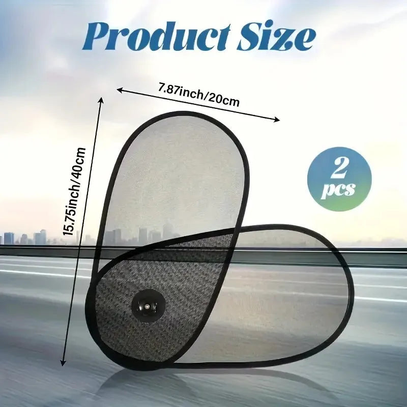 Black stretchy car side window sunshade for babies, shown with suction cups attached.