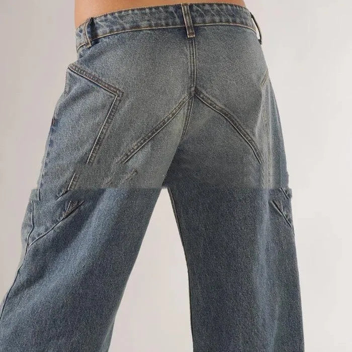 Blue loose straight wide leg cotton trousers with low waist and stitching details