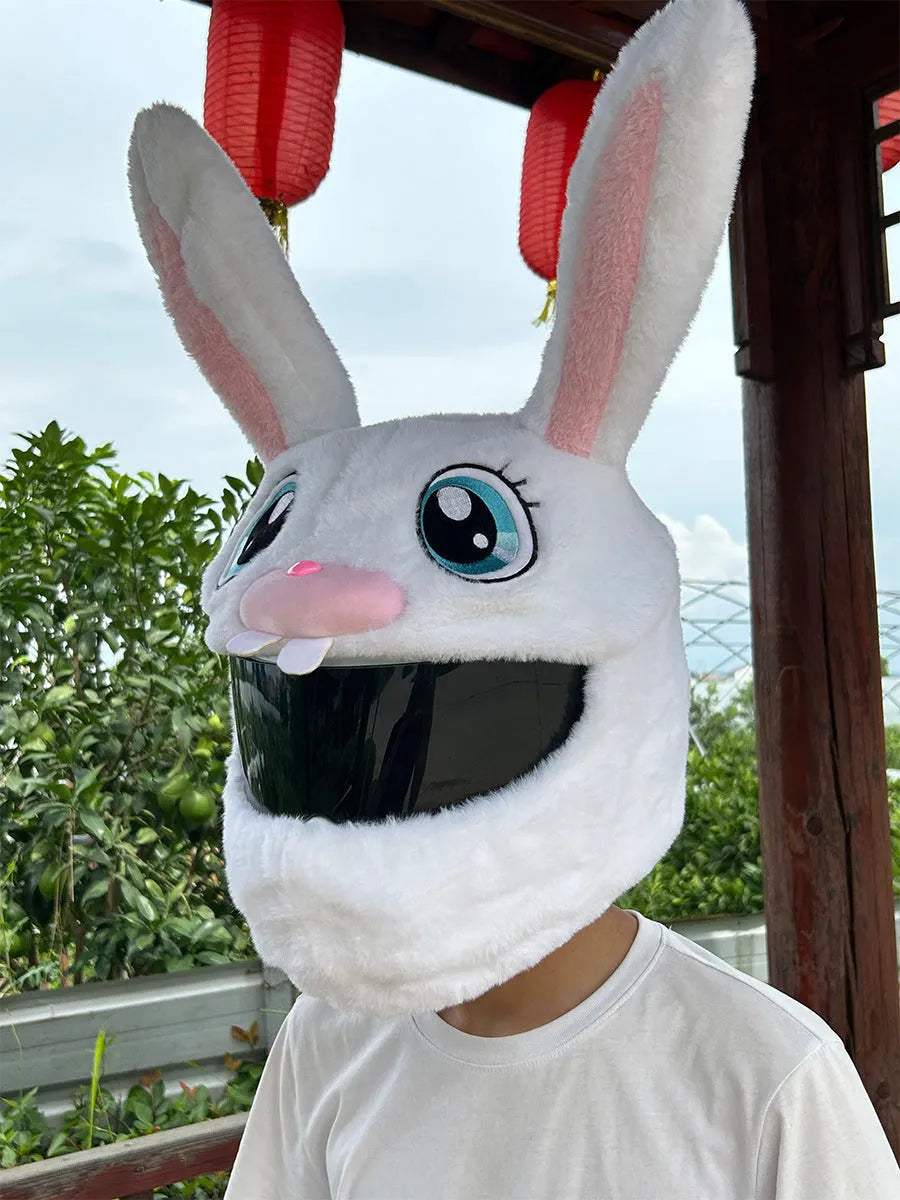 White long-eared rabbit plush helmet cover for an electric motorcycle helmet