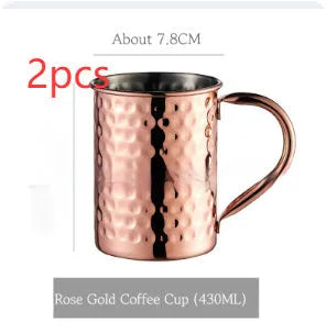 Copper plated stainless steel Moscow Mule mug in hammered and smooth styles, shown in silver, gold, rose gold, and black.
