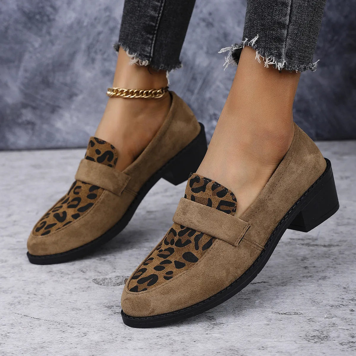 Women's leopard print suede slip-on shoes with pointed toe and chunky mid heel