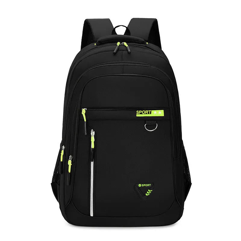 Men's Oxford cloth schoolbag showing air pillow belt system and 20-35 litre capacity
