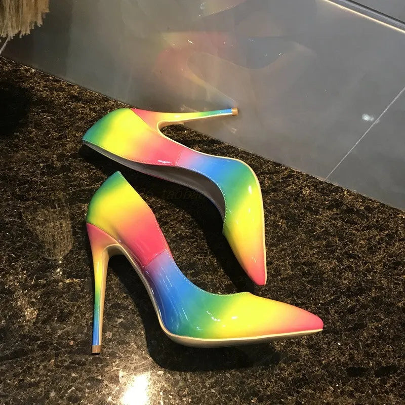 Women's rainbow patent leather high heels with pointed toe and ultra-high thin heel