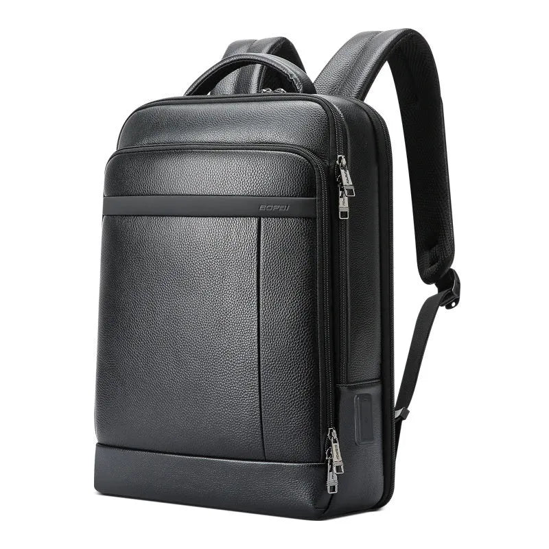 Black genuine leather business commuter backpack with USB port and curved shoulder straps