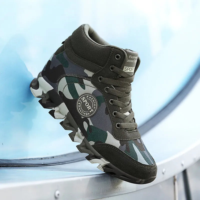 Green camouflage canvas women's sneakers with increased sole height and lace-up design