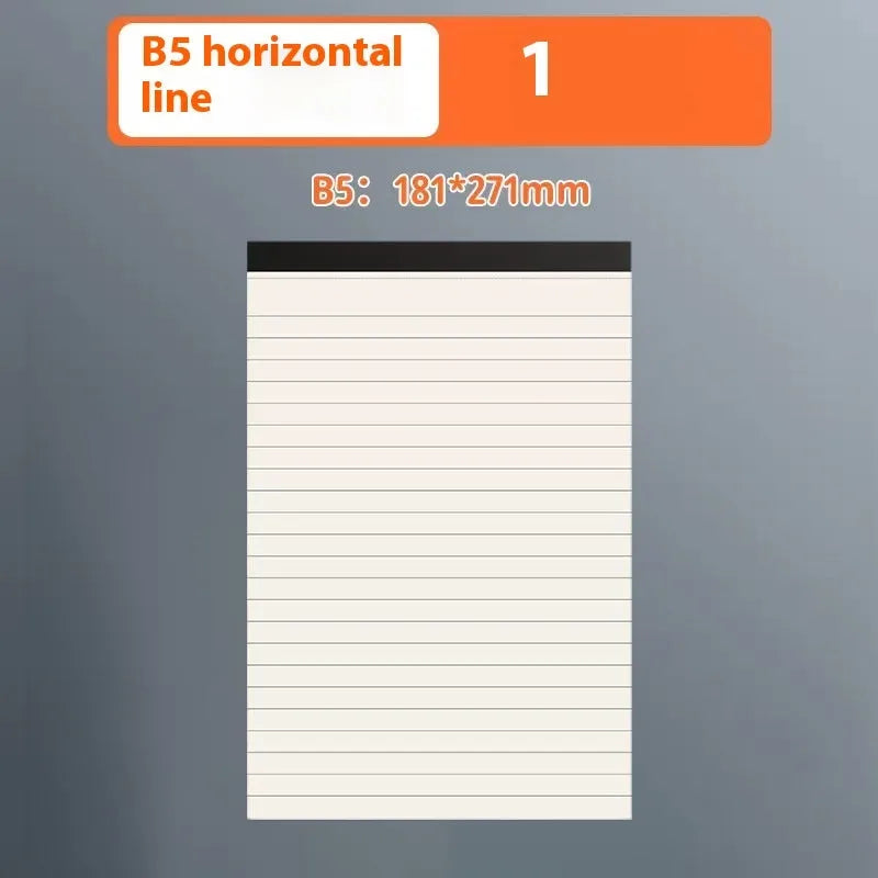 A5, B5 and A4 writing pads with blank, grid and lined page rulings.