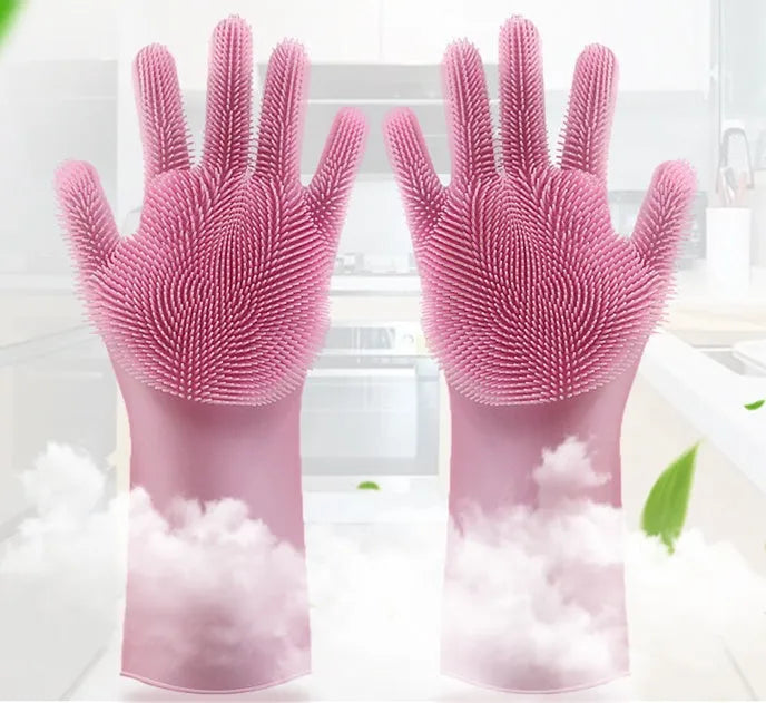 Silicone cleaning gloves with textured scrubbing surface in assorted colours