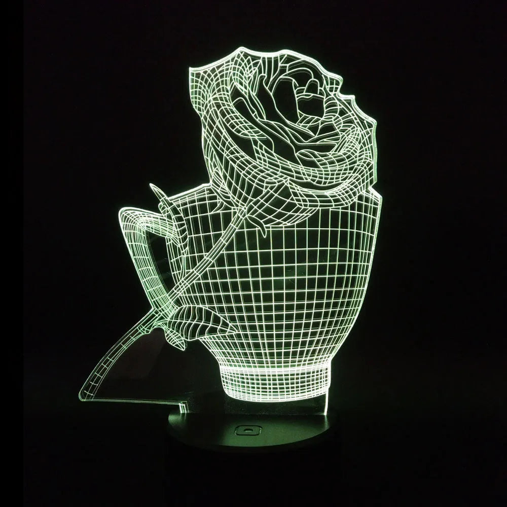 3D acrylic rose flower night light on ABS base with seven colour changing LED options.