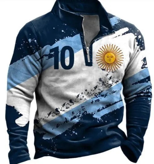 Men's loose fit long sleeve t-shirt with retro colour printing and stripe pattern, showing zip detail on sleeve.