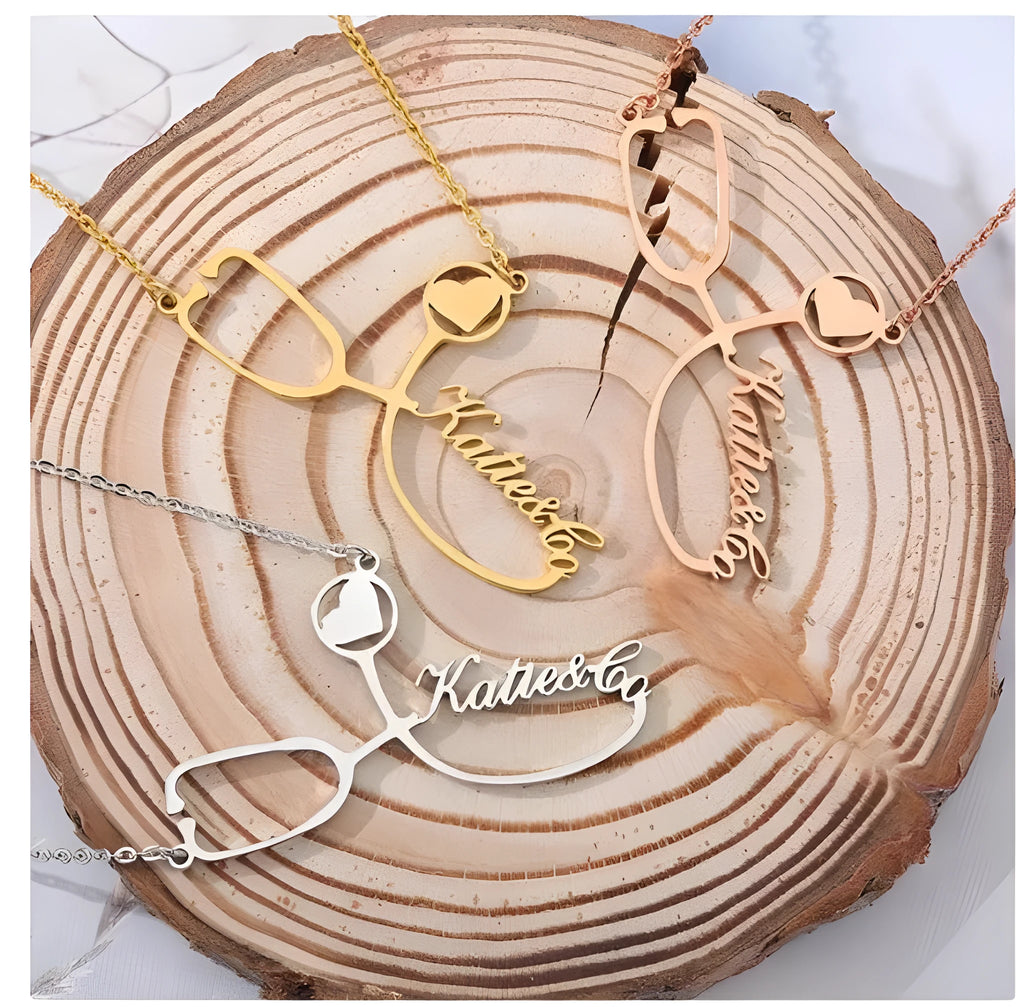 Customised titanium steel stethoscope name necklace for women in gold finish with blade chain