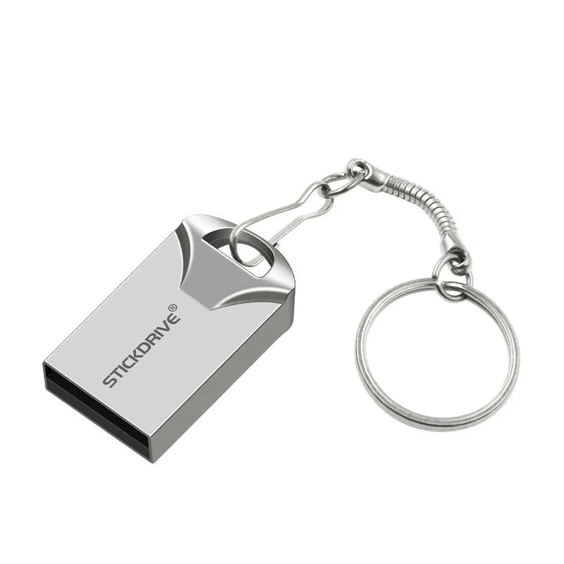 Metal USB flash drive on a silver chain necklace, showing black casing with options for lanyard or different chain attachments.