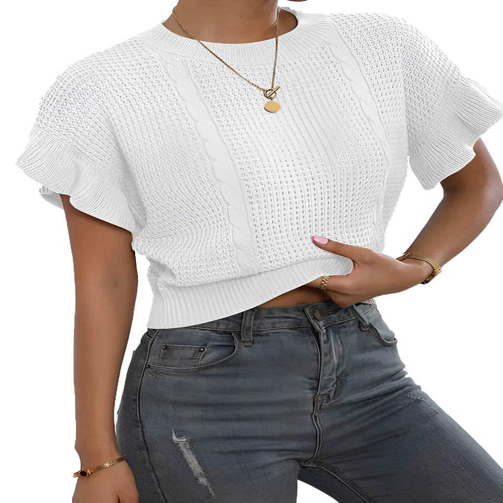 Women's twisted string and ruffled sleeve knitted pullover sweater in loose Japanese Korean style.
